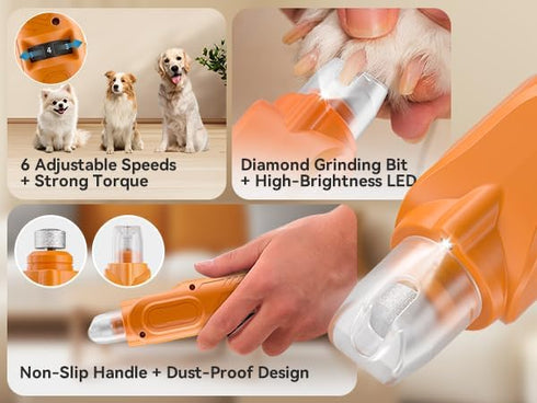 6 Trimmer PAPIFEED Speed Pet Nail Grinder with Dual LED Lights, Rechargeable Dog Nail with Dust Proof Cover, Type-C