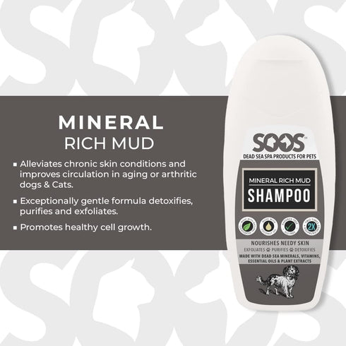Soos Pet Dog Shampoo for Cats and Pets, Mineral Rich Mud, Fast Absorbing Skin Cooling First Aid (250ml)