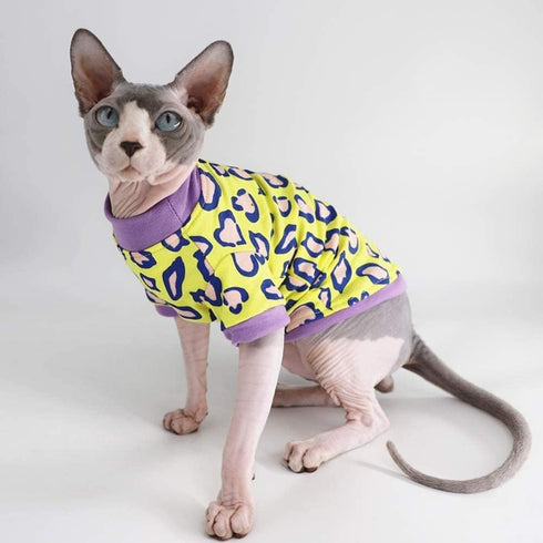 Sphynx Hairless Cat Cute Summer Cotton T-Shirts, Round Collar Kitten Shirts Cats Apparel (Leopard, X-Large)