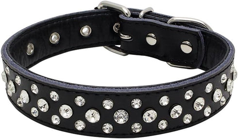Rhinestones Dog Collar - Adjustable Sparkly Crystal Studded Genuine Leather for Small and Medium Dogs, L Black