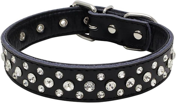 Rhinestones Dog Collar - Adjustable Sparkly Crystal Studded Genuine Leather for Small and Medium Dogs, L Black