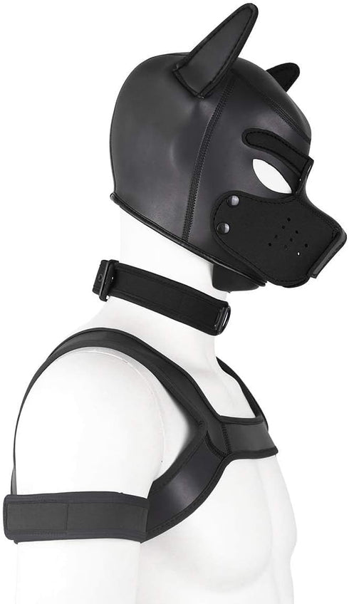Set Adults Neoprene Puppy Hood Custom Animal Head Mask Novelty Costume Dog Hood Mask,Collar,Armband and Harness (Black)