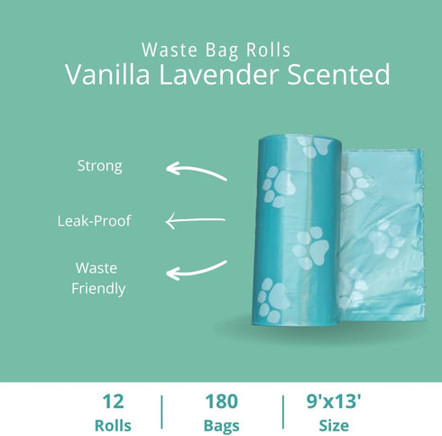 Vanilla Lavender Scent Dog Poop Bags Rolls (12 rolls) & 25 Individual Pet Wipes - 2 in 1 Cleaning Kit