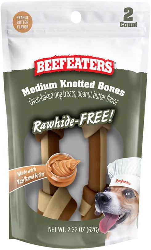 Beefeaters Dog Treats, Med Knotted Bone, 4" PB Flavor, 2ct, Case of 12, Rawhide Free