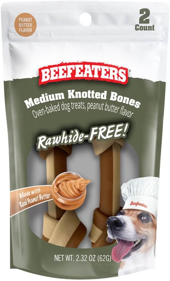 Beefeaters Dog Treats, Med Knotted Bone, 4" PB Flavor, 2ct, Case of 12, Rawhide Free