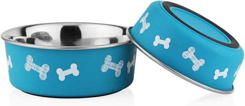 Printed Teal Blue Anti-Skid Stainless Steel Water and Food Feeding Bowl for Small Dogs and Cats (2 bowl)