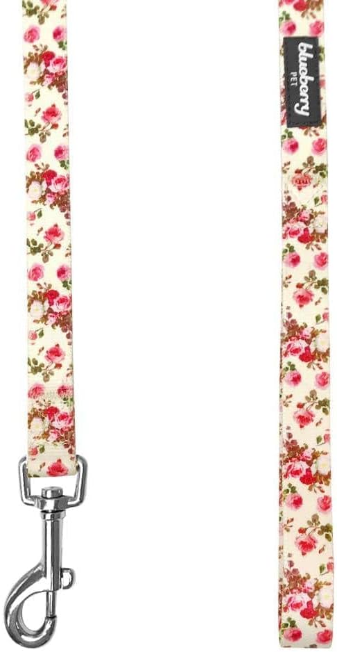 Blueberry Pet 5 ft x 3/4" Durable Pink Rose Print Ivory Dog Leash - 9 Patterns, Medium