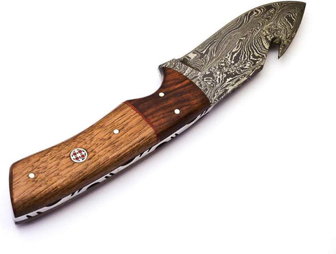 Rare Custom Damascus Fuller Gut Hook Knife, Skinning Knife, Hunting Knife, Outdoor Knife, Camping Knife, Color Wood