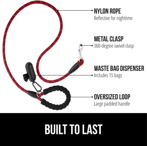 Gorilla Grip Heavy Duty Dog Leash, Soft Handle, Strong Reflective Rope for Night Pet Walking, Small Medium Large Animals, Durable Puppy Training Leashes, Rotating Metal Clip, Waste Bag Dispenser, Red