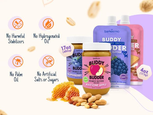 3 Pack, 4oz Packs Bark Bistro Awesome Apple Buddy Budder Peanut Butter for Dogs, Squeeze