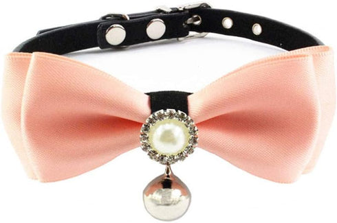 Bling Rhinestone Bow Tie Cat Collar with Bell for Small Dogs - Adjustable Buckle and Handmade (Pink Bow, Size XS)