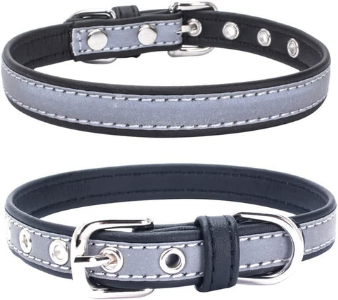 Reflective Dog Collar, High Bright Safety Synthetic PU Leather for XS Small Medium Large Dogs and Kittens (Black, XS)