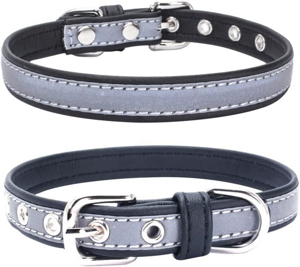Reflective Dog Collar, High Bright Safety Synthetic PU Leather for XS Small Medium Large Dogs and Kittens (Black, XS)
