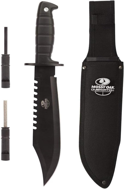 Mossy Oak 15-inch Survival Hunting Knife with Sheath, Fixed Blade Tactical Bowie Knife with Sharpener