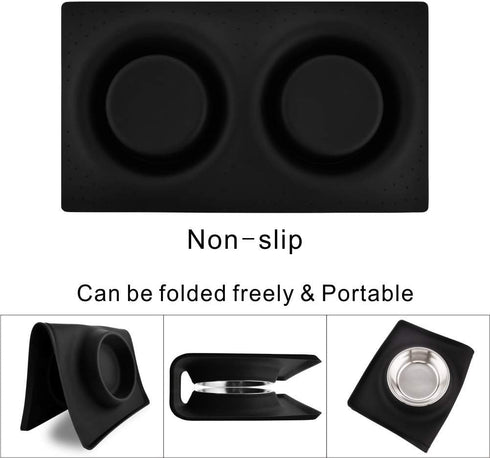 Dog Bowls with Mat, Cat Water Food Bowl Set (13.5oz Each) - No Spill Silicone Mat, Dual Pet Feeder for Small Medium Dogs