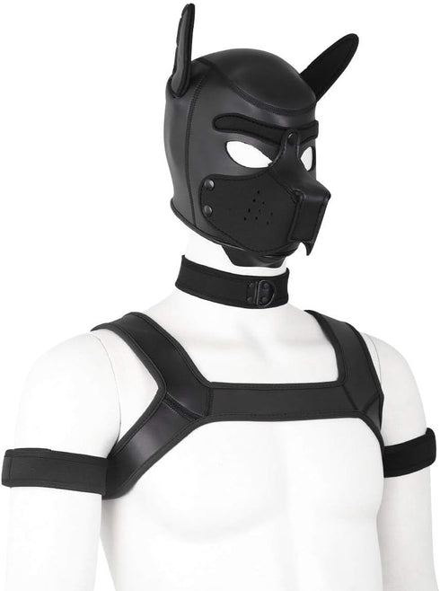 Set Adults Neoprene Puppy Hood Custom Animal Head Mask Novelty Costume Dog Hood Mask,Collar,Armband and Harness (Black)