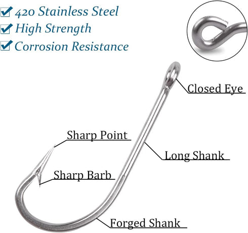 Saltwater J Hooks, 130pcs Stainless Steel O'Shaughnessy Long Shank Forged Trolling Hooks