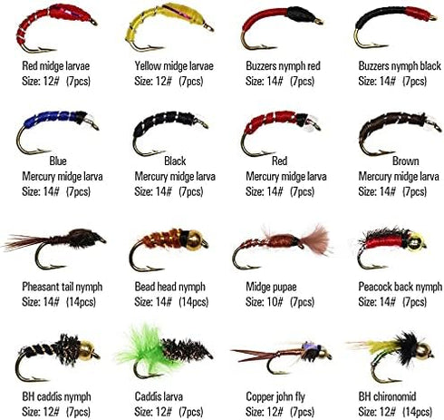 N/P 133pcs/Set Ultra-Thin Portable Nymph Scud Midge Flies Kit Assortment with Box for Trout Fishing