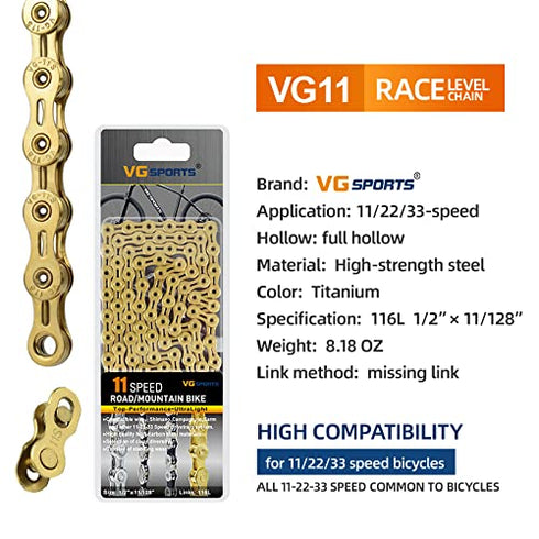 VG SPORTS Bike Chains | 6/7/8/9/10/11 Speed | Lightweight Titanium Half Hollow/Full Hollow, 116 Links