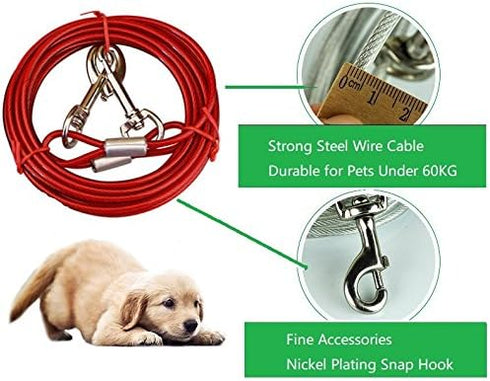 Stainless Steel Pet Dog Tie Out Cable - Double Head Leash for Medium Large Dogs (5m/16Ft, Red)