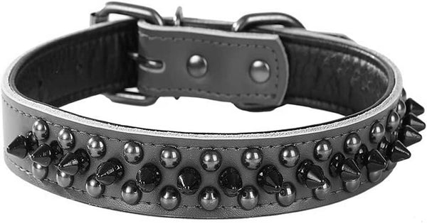 Adjustable Genuine Leather Spiked Studded Dog Collars for Small Medium Large Pets, Black (M)
