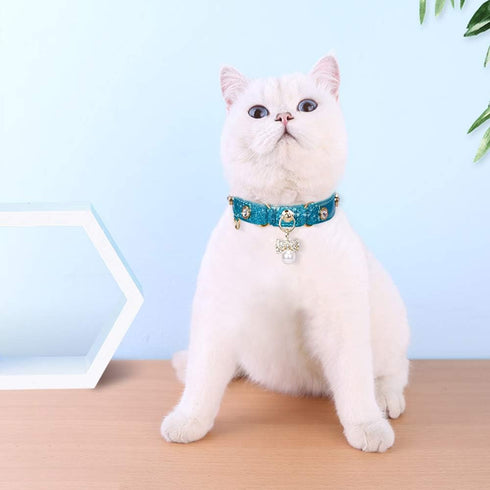 PetsHome Adjustable Cat Dog Collar, Bling Rhinestones PU Leather with Luxury Pendant for Extra Small Blue