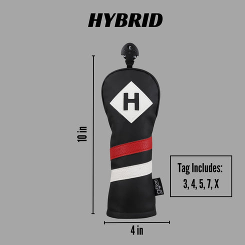 Majek Retro Golf Headcover, Black Red and White Vintage Leather Style Hybrid Cover, Classic Look, Numbers 3-7 Plus X