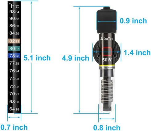 Mini 50W Aquarium Heater, Small Fish Tank Heater with Free Thermometer Sticker, 50 Watt.