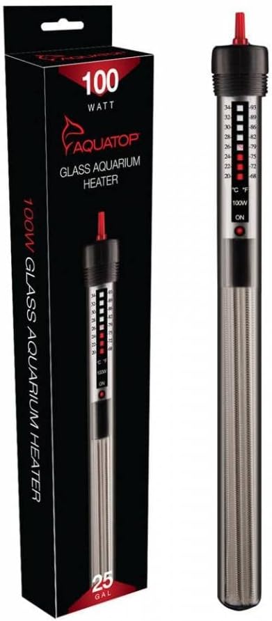 Aquatop 100W Submersible Glass Heater for Fish Tanks Up to 25 Gallons, 68-93F Adjustable Temperature Range
