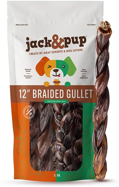 Jack&Pup Braided Gullet Sticks for Dogs | 12" Esophagus Dog Treats |