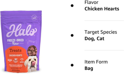 Halo Raw Freeze Dried Dog Treats: Chicken Hearts Recipe, 2-OZ Pouch for All Life Stages