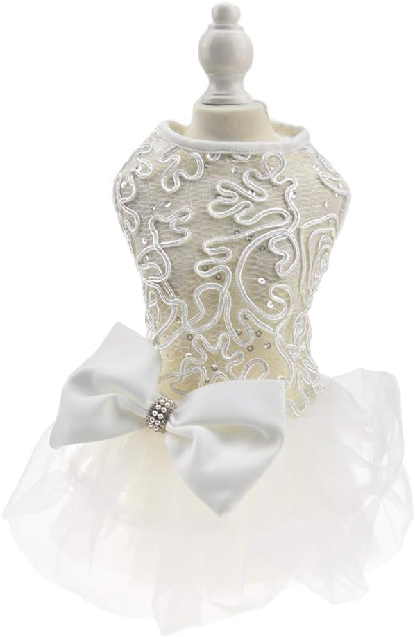 Hollow Dog Wedding Dress Tutu Skirt, Luxury Lace Pearl Bow Christmas Dress Costume for Small Dog (S, White)