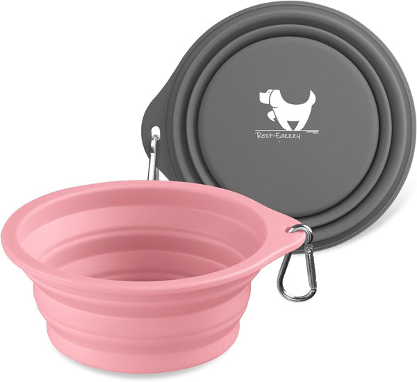 Rest-Eazzzy 2-Pack Silicone Collapsible Dog Bowls, Portable Travel Feeding Cup for Dogs and Cats (Grey, Pink, 600 ML).