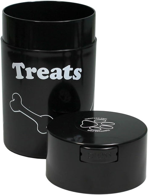 Pawvac 6 Ounce Vacuum Sealed Pet Food Storage Container, Black Cap & Body, White Treats