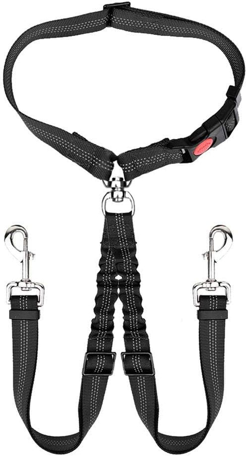 Double Dog Seat Belt, New Dual Pet Car Headrest Restraint Safety Seatbelt for 2 Dogs, Adjustable Elastic Bungee