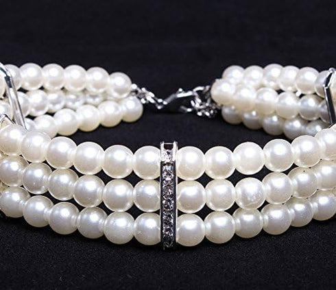 Fancy 3 Row Pearls Diamond Dog Necklace - Bling Rhinestones Jewelry for Small Dogs, Neck Size: 10"-12"