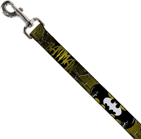 Dog Leash Batman Bat Signals Flying Bats Yellow Black White 4 Feet Long 0.5 Inch Wide