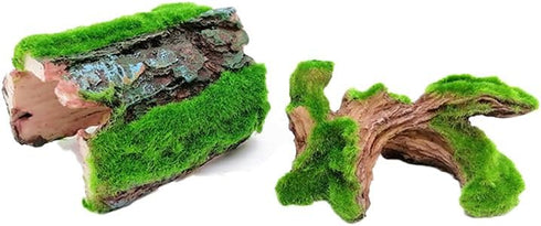 Aquarium Decor: Fish Tank Cave & Branch with Moss, Resin Hideout for Axolotl, Frog, Turtle, Gecko, Snake, 2PC