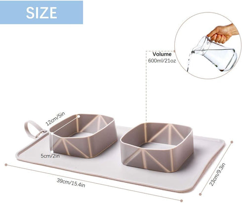 Portable Pet Double Bowl with Carry Case, Foldable Anti-Overflow Silicone Feeding Bowl for Cat or Dog
