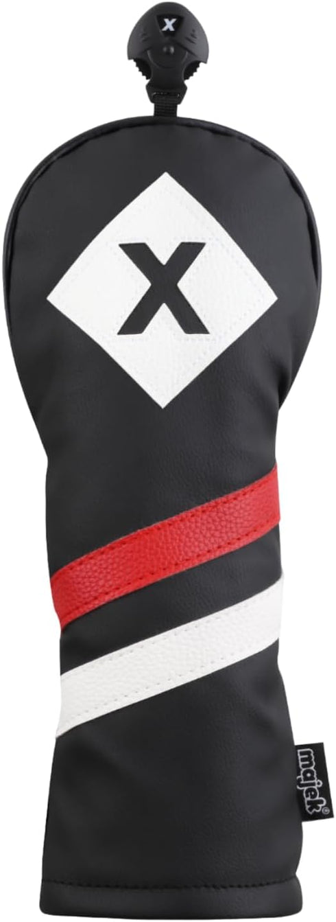Majek Retro Golf Headcover - Black Red and White Vintage Leather Style X Fairway Wood Head Cover, Classic Look, Wheel