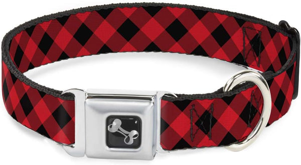 Buckle-Down Dog Collar, Seatbelt Buckle Diagonal Buffalo Plaid Black/Red, 1.5" Wide, Fits 16-23" Neck