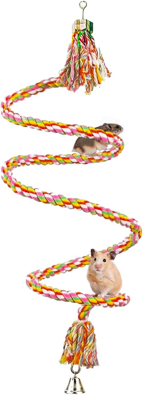 SunGrow Rope Perch for Parrots, 59” Long Bungee Bird Toy, Brightly Colored with Jingling Bell