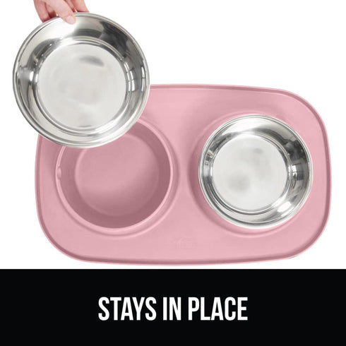 Gorilla Grip 100% Waterproof Cat and Dog Bowls - Silicone Feeding Mat Set with Stainless Steel Bowl, Slip Resistant,
