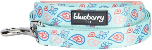 Blueberry Pet Paisley Flower Print Dog Leash, 5 Colors, Soft & Comfortable Handle, 4 ft x 1", Pastel Blue, Large
