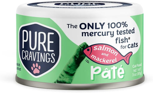 Salmon and Mackerel Pate Canned Wet Cat Food, 100% Mercury-Tested, Grain-Free Protein, 12 Pack