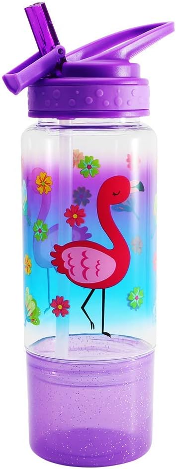 Home Tune 18oz Kids Water Drinking Sip Bottle Tritan BPA Free with Flip Straw Lid and Snack Compartment (Flamingo)