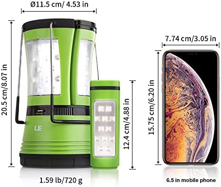 LE LED Camping Lantern Rechargeable, 600LM, Detachable Flashlight, USB Cable & Car Charger Included