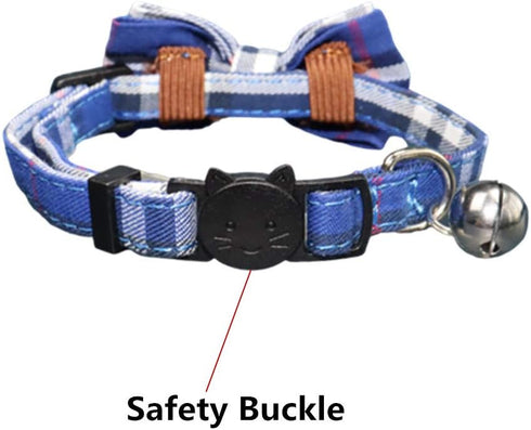 THAIN Cat Collar with Breakaway Safety Buckle, Bell and Bow Tie, Adjustable 7-11 inches, Blue Plaid Pattern for Kittens