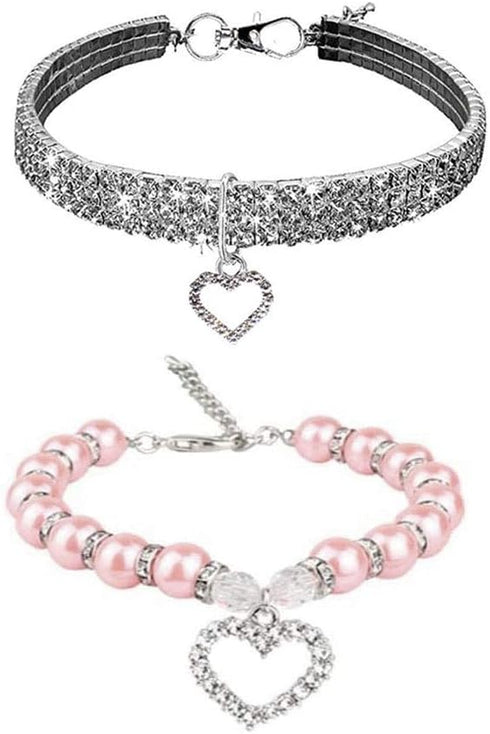Rhinestones Dog Collar and Pearl Necklace Set, Adjustable Bling Full Diamond Crystal Collar for Small Dogs, Cats