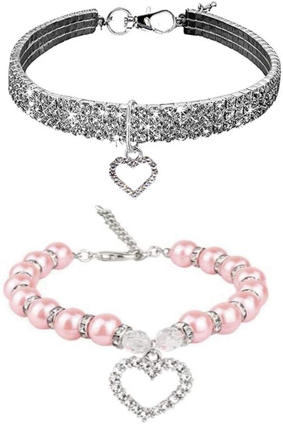 Rhinestones Dog Collar and Pearl Necklace Set, Adjustable Bling Full Diamond Crystal Collar for Small Dogs, Cats